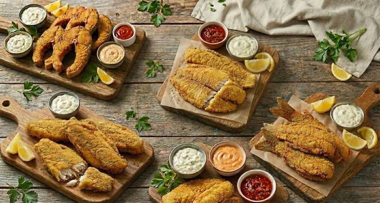 Large catering party trays of fried fish, wings, and french fries for events in Gary, Indiana