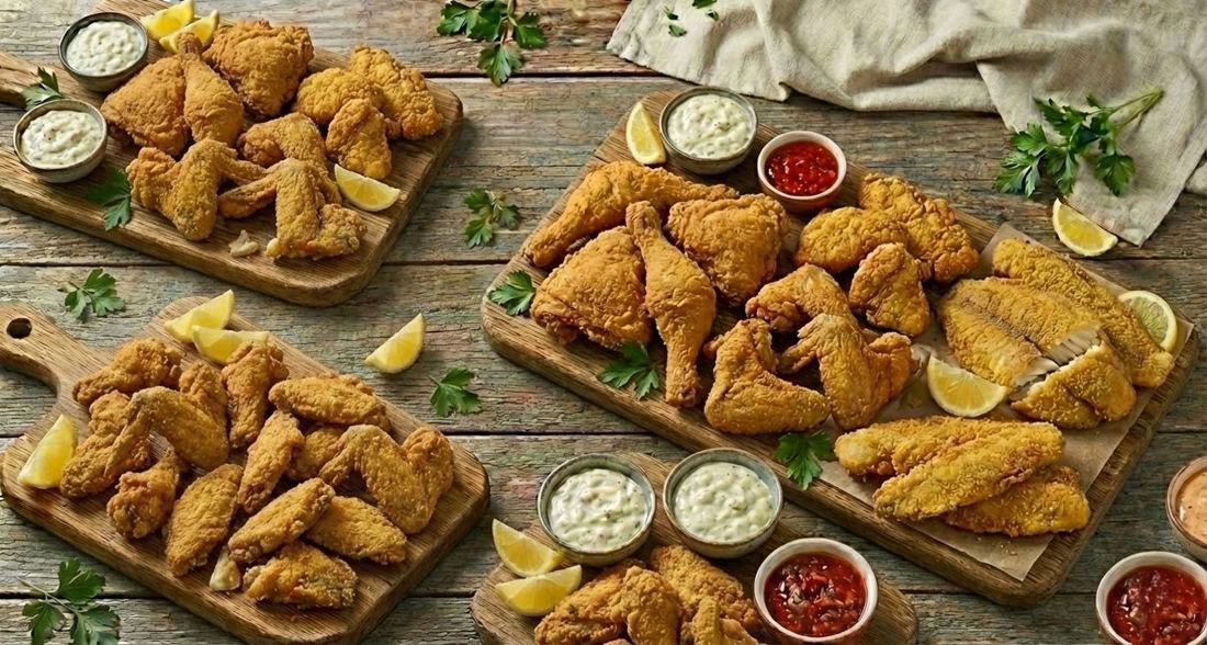 A spread of freshly fried chicken wings, tenders, and catfish fillets from Sharks Fish and Chicken in Gary, IN